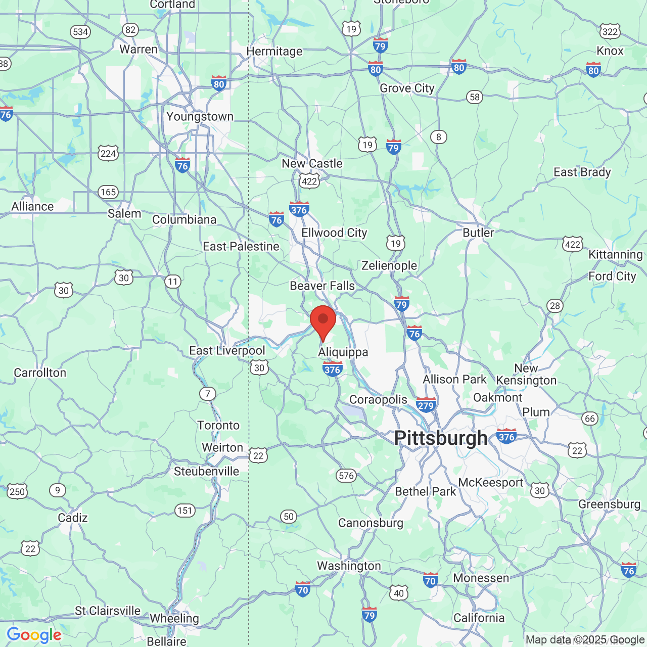 Google map image of our location in 150 Pleasant Dr Aliquippa, PA