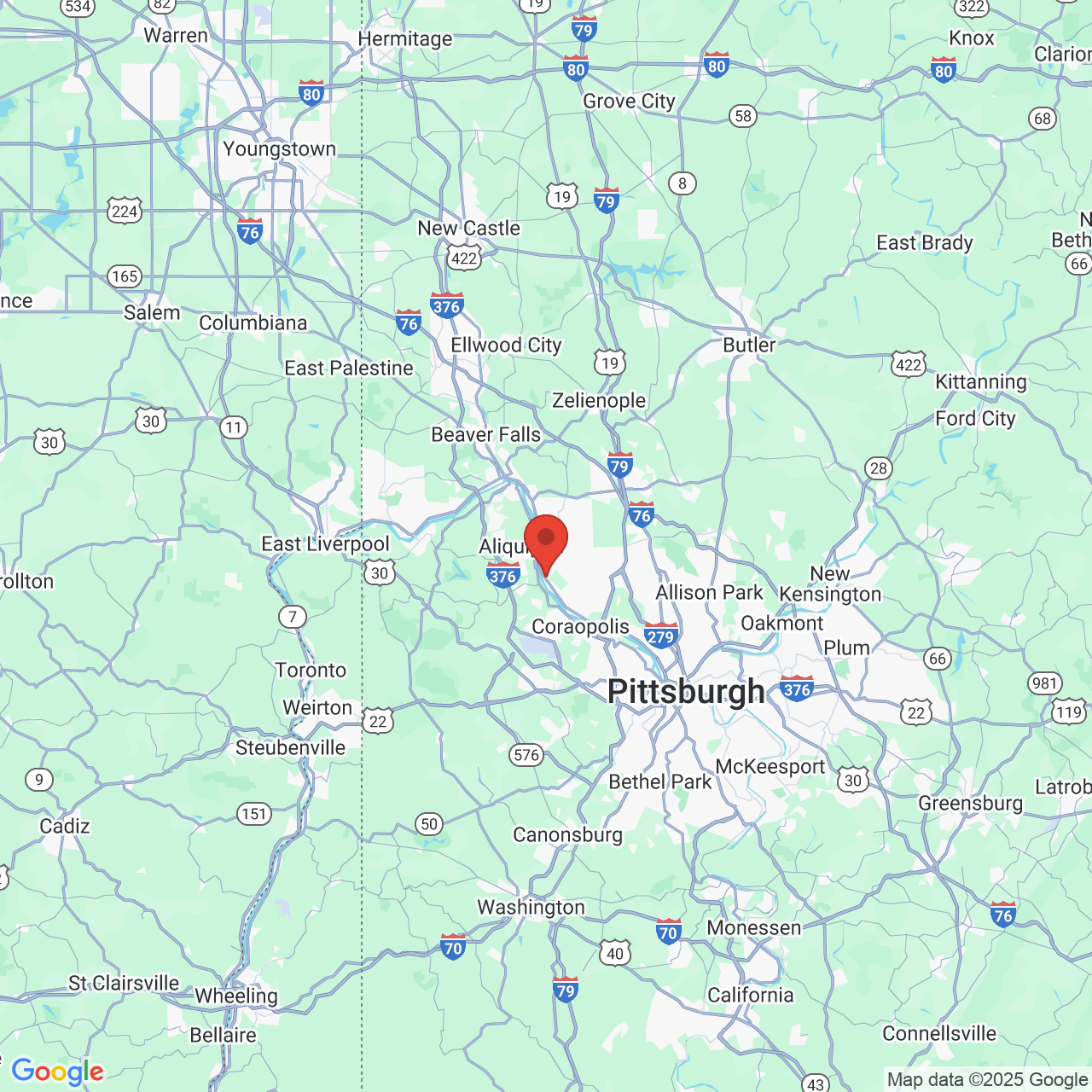 Google map image of our location in 192 Ohio River Blvd Ambridge, PA